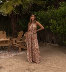 Vestido Longo Marcella: rosa/multicolorido - estampa floral - decote amarrado - cinto combinado - Miss June Paris - 4