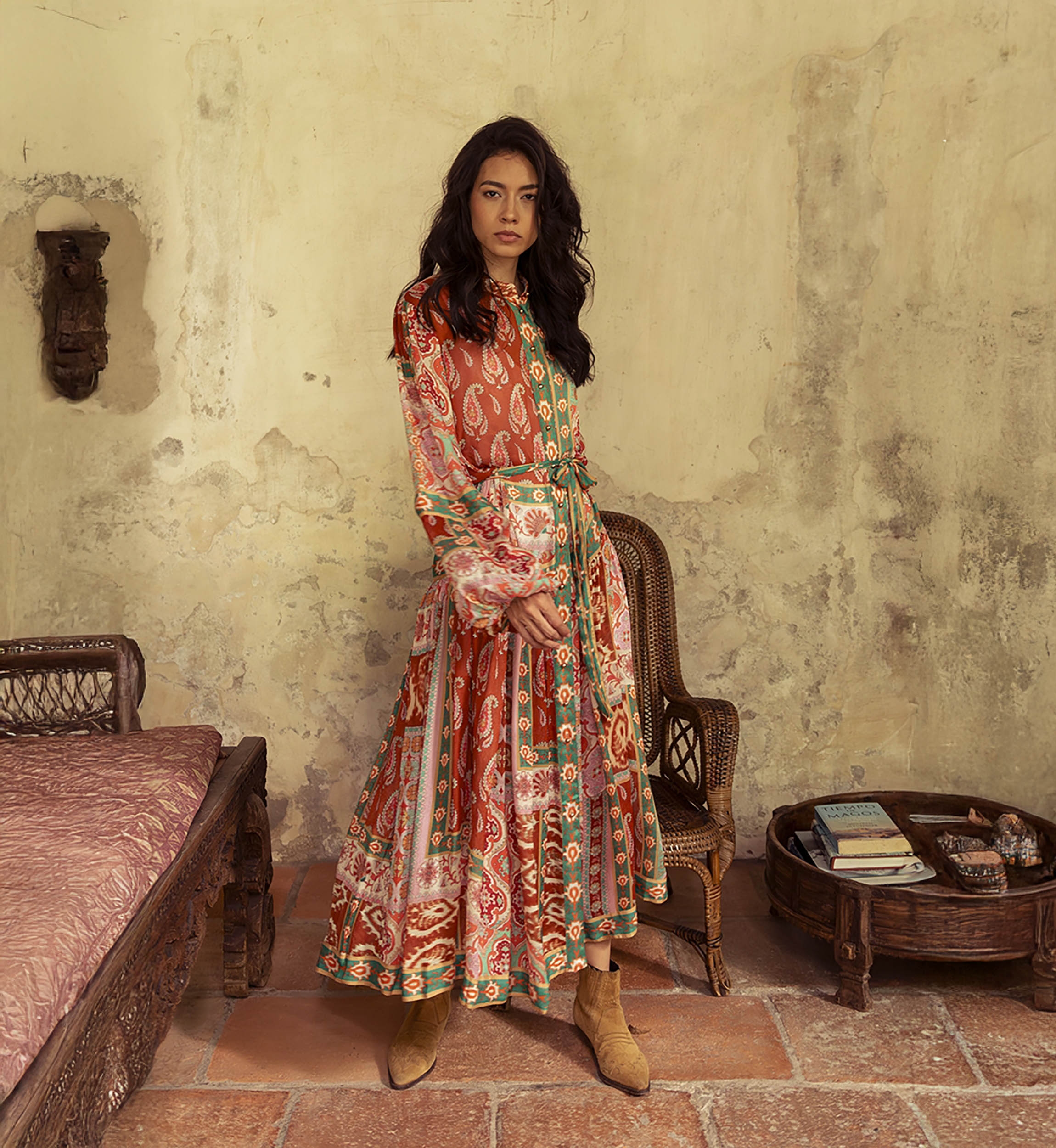Jazmin long dress - paisley print - multicolor - matching belt - Miss June Paris - 2