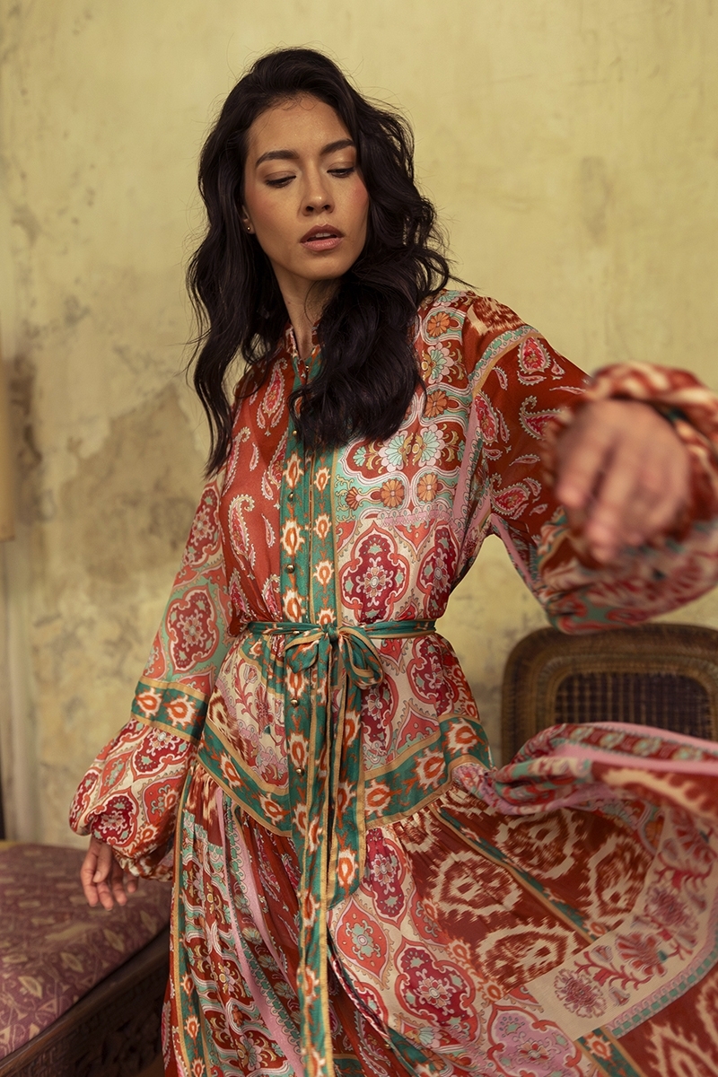 Jazmin long dress - paisley print - multicolor - matching belt - Miss June Paris - 4