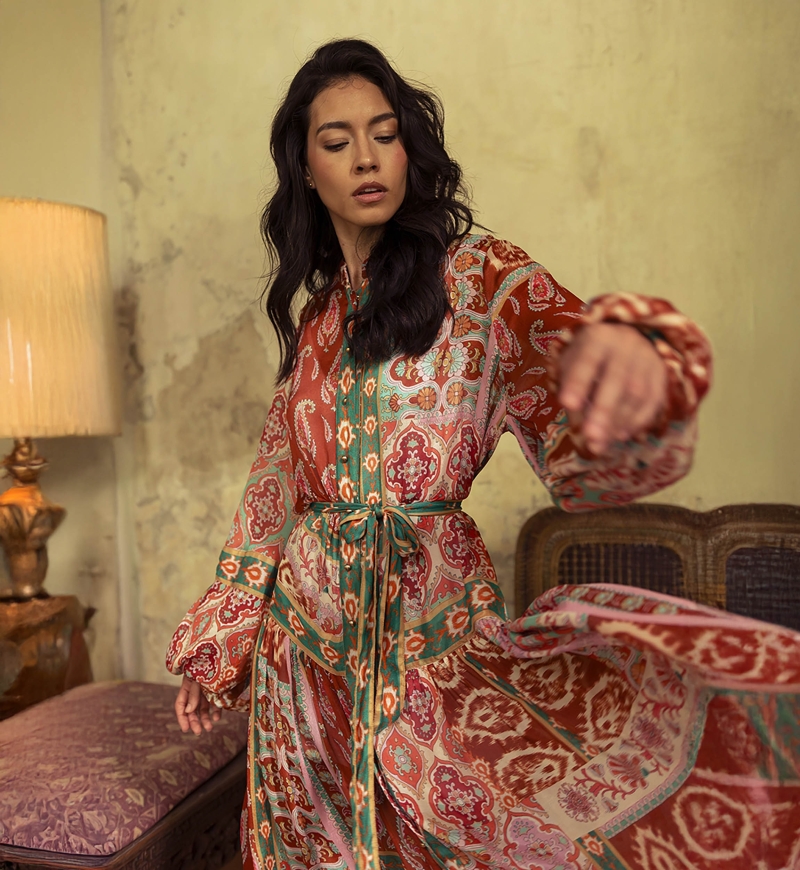 Jazmin long dress - paisley print - multicolor - matching belt - Miss June Paris - 4