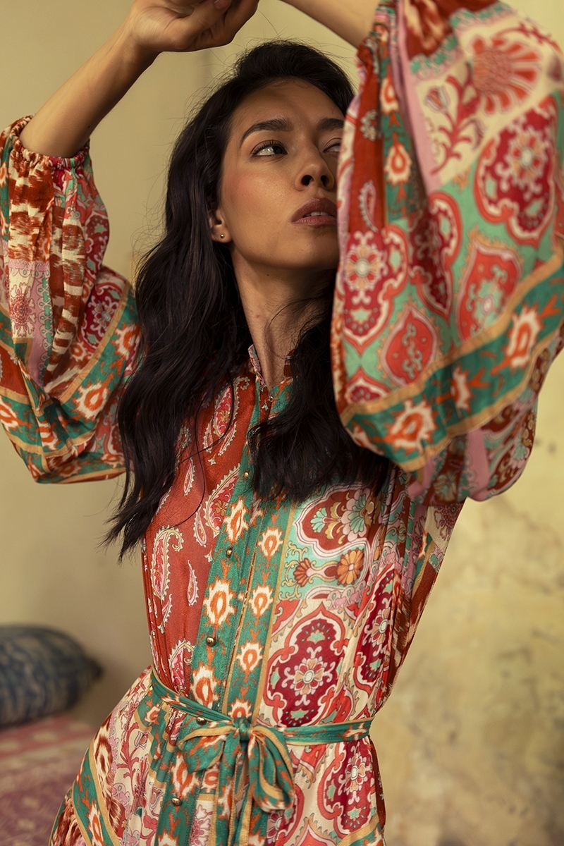 Jazmin long dress - paisley print - multicolor - matching belt - Miss June Paris - 3