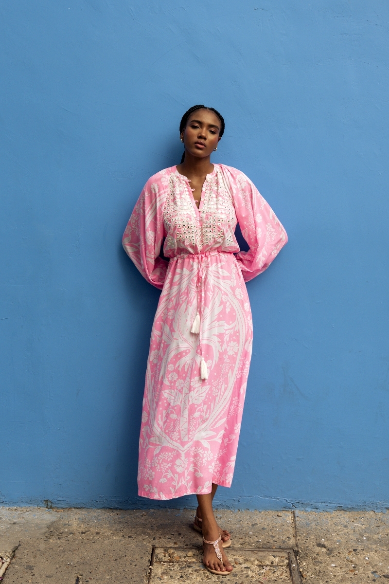 Ursula long dress - neon pink - sparkling bib - delicate white print - Miss June Paris - 1