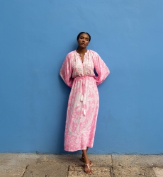 Ursula long dress - neon pink - sparkling bib - delicate white print - Miss June Paris - 1