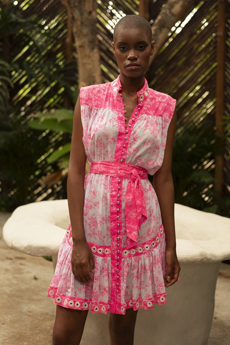 Vestido corto Melisa - estampado floral rosa neón - bordado espejo brillante - Miss June Paris - 4