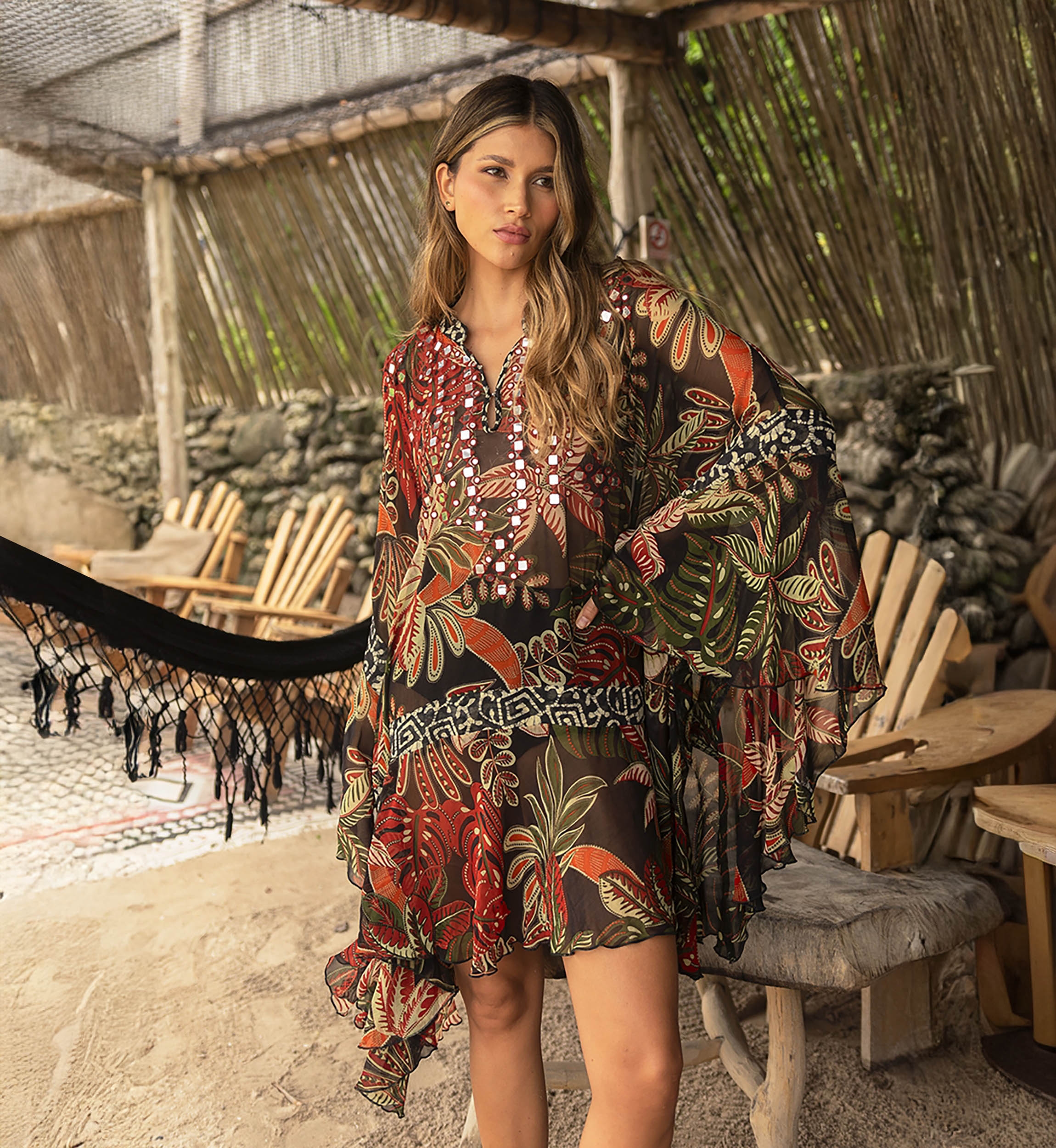 Ximena short caftan - black - vegetable print - bib adorned with sparkling mirrors - Miss June Paris - 1