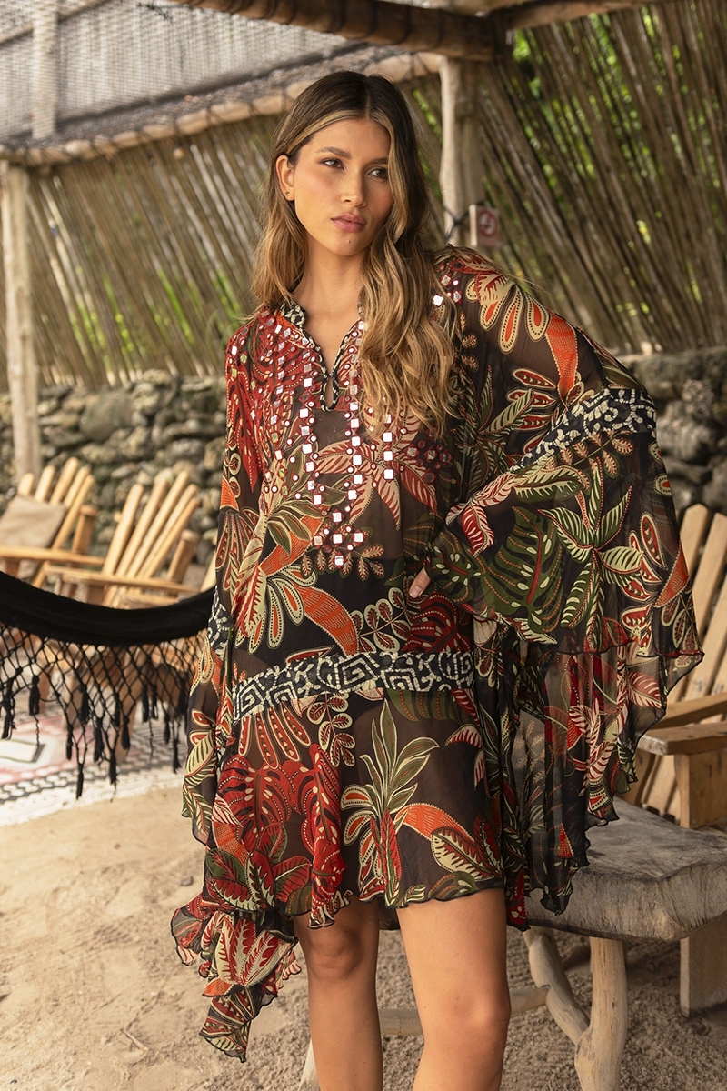 Caftan curto Ximena - preto - estampa vegetal - babador adornado com espelhos brilhantes - Miss June Paris - 1
