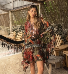 Caftan curto Ximena - preto - estampa vegetal - babador adornado com espelhos brilhantes - Miss June Paris - 1