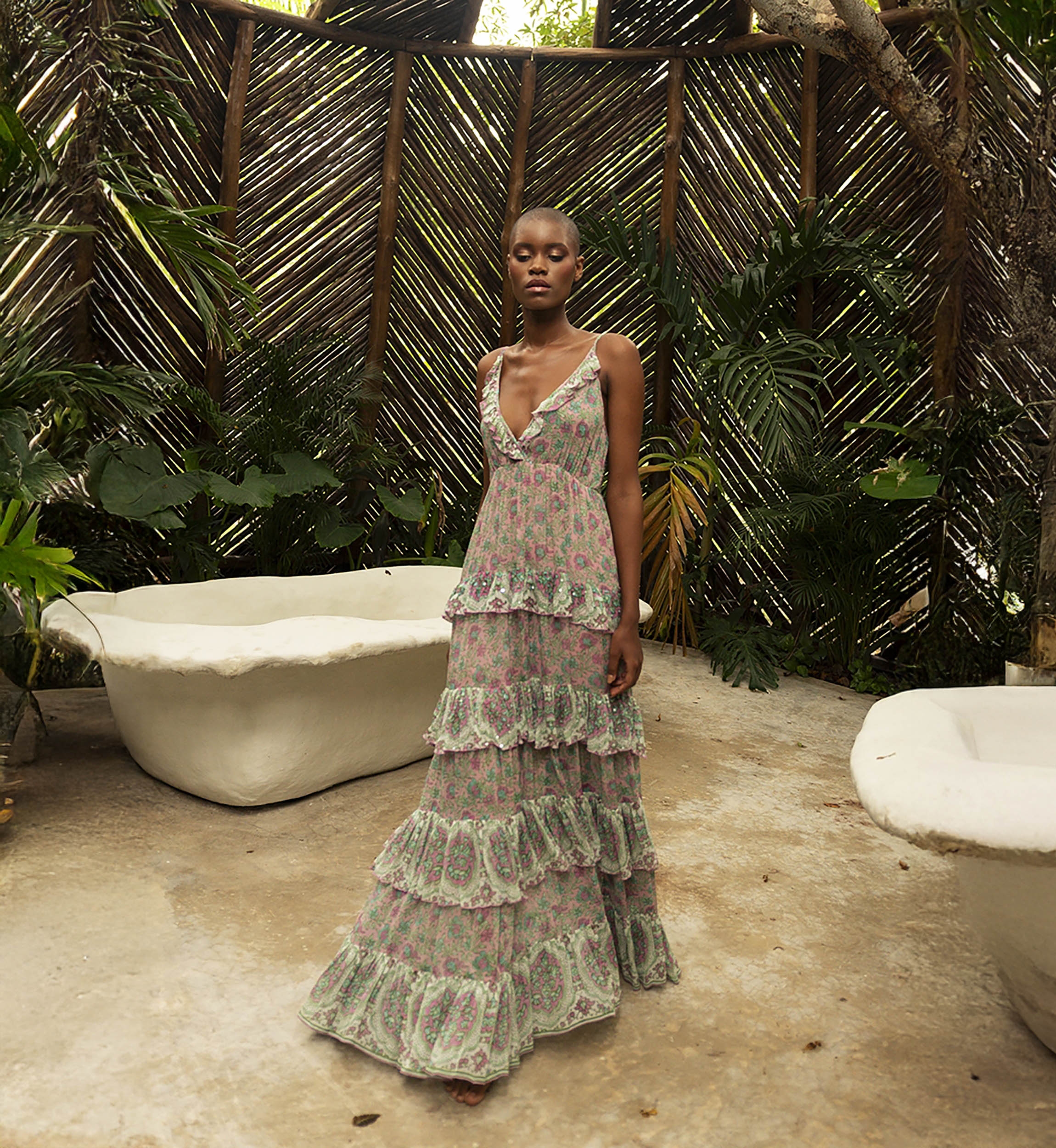 Pamela long dress - pastel pink - green and purple prints - V neckline - sparkling details - Miss June Paris - 2