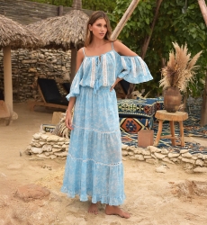 Vestido longo Karena - vestido azul - estampa floral branca - ombros descobertos - alças - Miss June Paris - 2