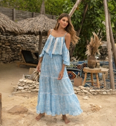 Vestido longo Karena - vestido azul - estampa floral branca - ombros descobertos - alças - Miss June Paris - 1