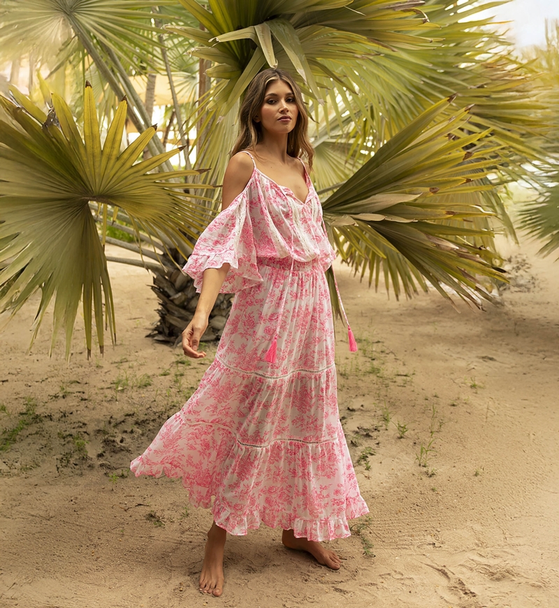 Vestido largo Karena - vestido blanco - estampado floral rosa - hombros descubiertos - tirantes - Miss June Paris - 3