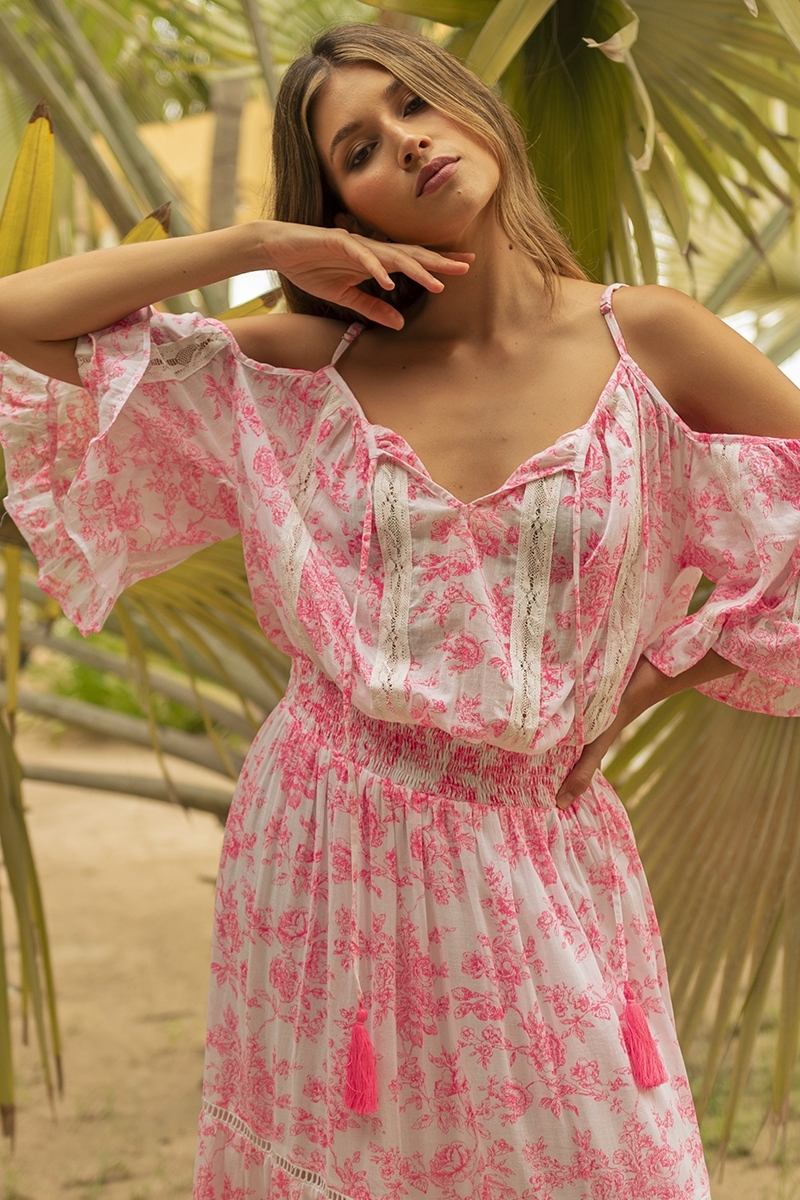 Vestido longo Karena - vestido branco - estampa floral rosa - ombros descobertos - alças - Miss June Paris - 2