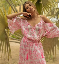 Vestido largo Karena - vestido blanco - estampado floral rosa - hombros descubiertos - tirantes - Miss June Paris - 2