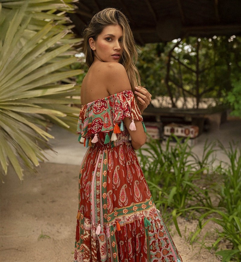 Liliana long dress - multicolor - bare shoulders - delicate ruffles - Miss June Paris - 3