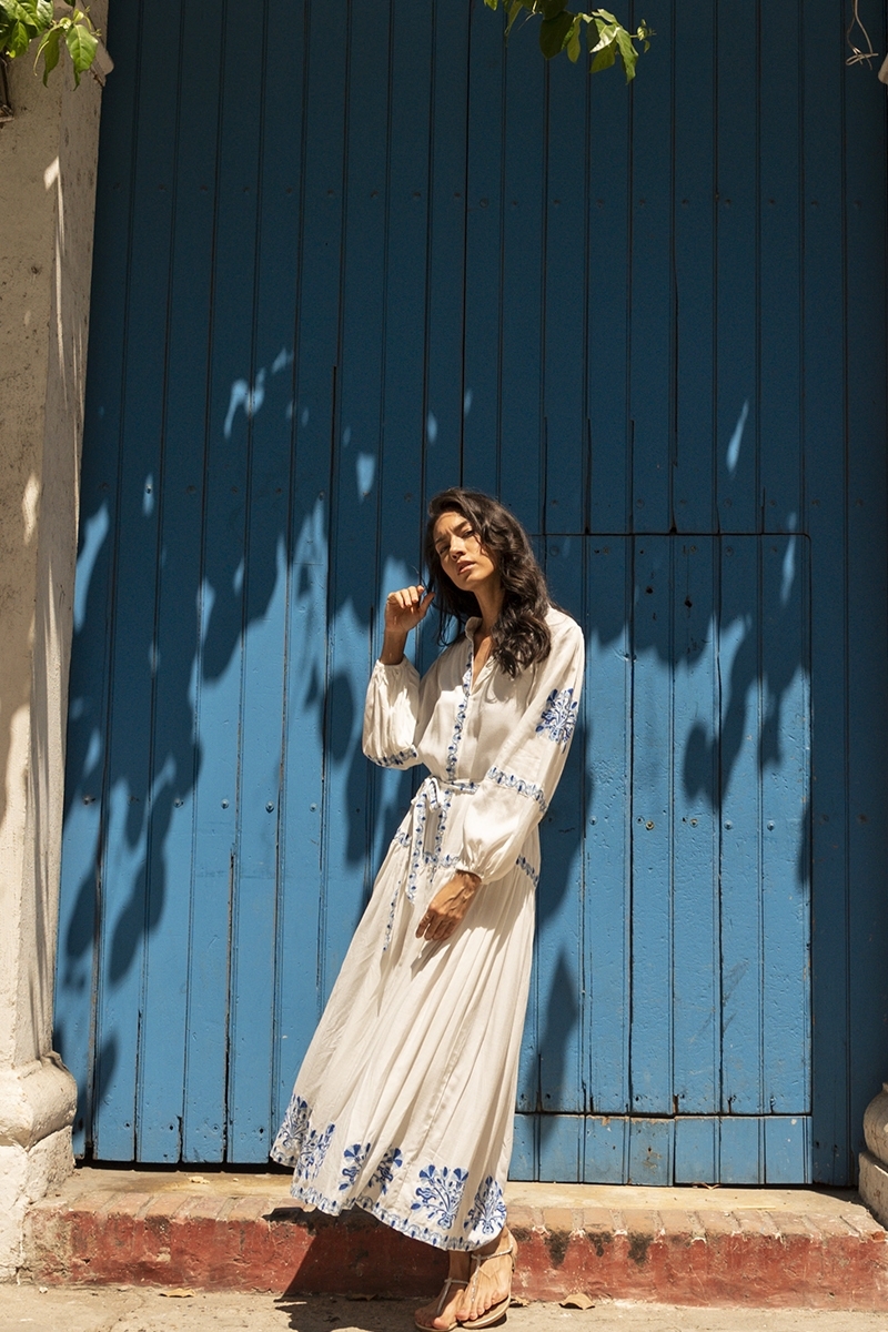 Katerina long dress - white - adorned with blue embroidery - embroidered belt - silver buttons - Miss June Paris - 4