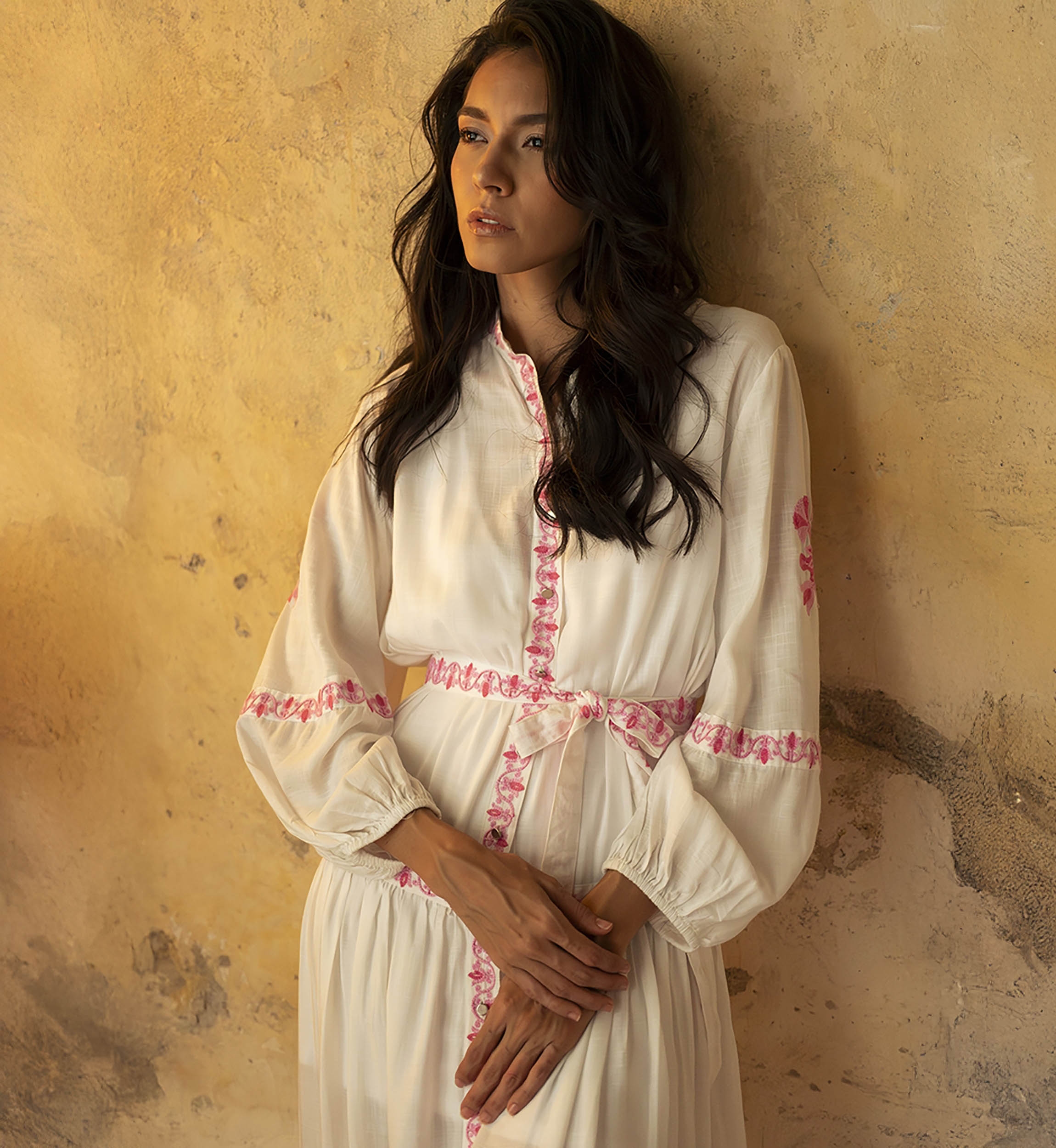 Katerina long dress - white - adorned with pink embroidery - embroidered belt - silver buttons - Miss June Paris - 3