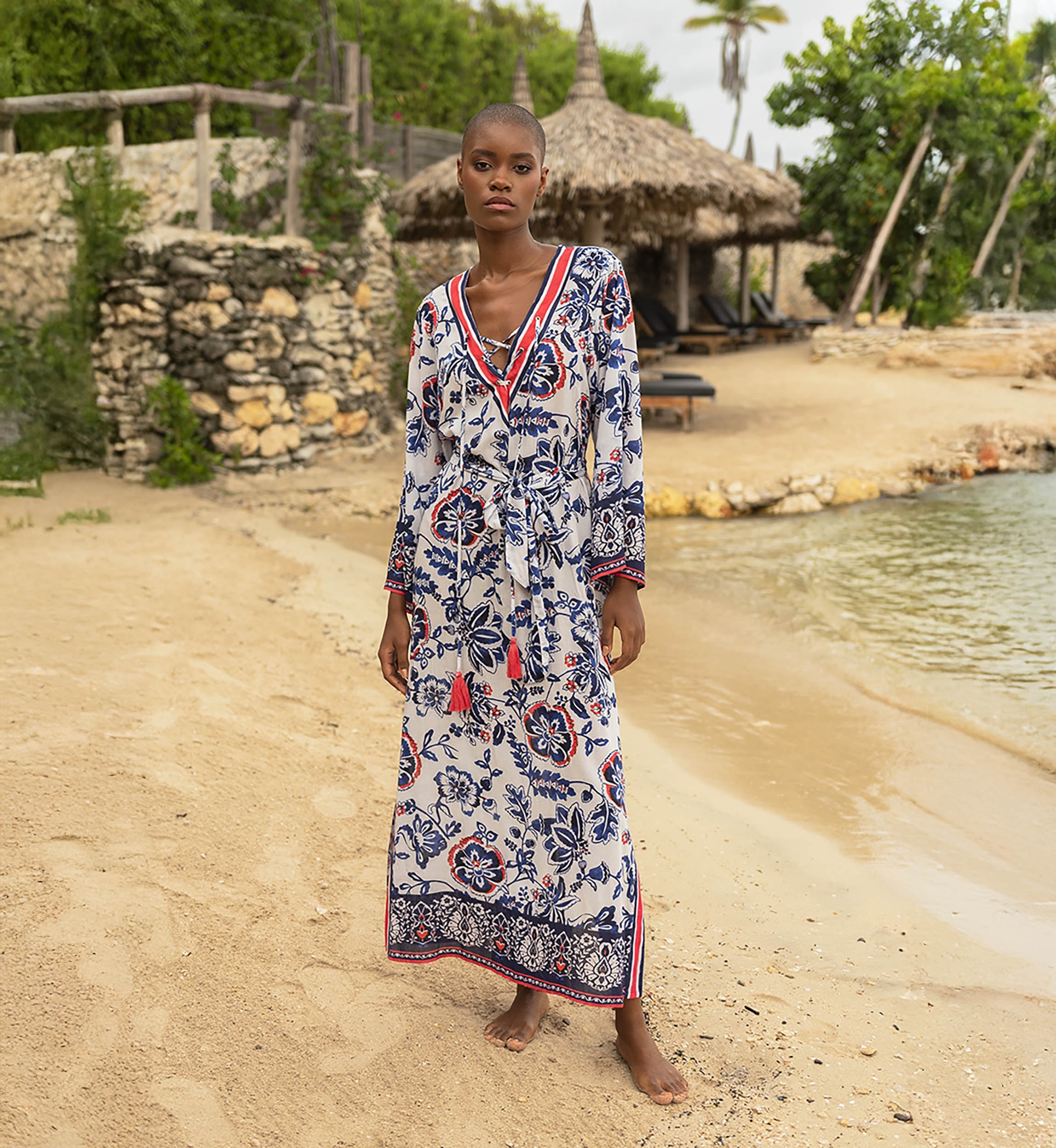 Viviana long dress - white - red and blue floral motifs - matching belt - Miss June Paris - 1