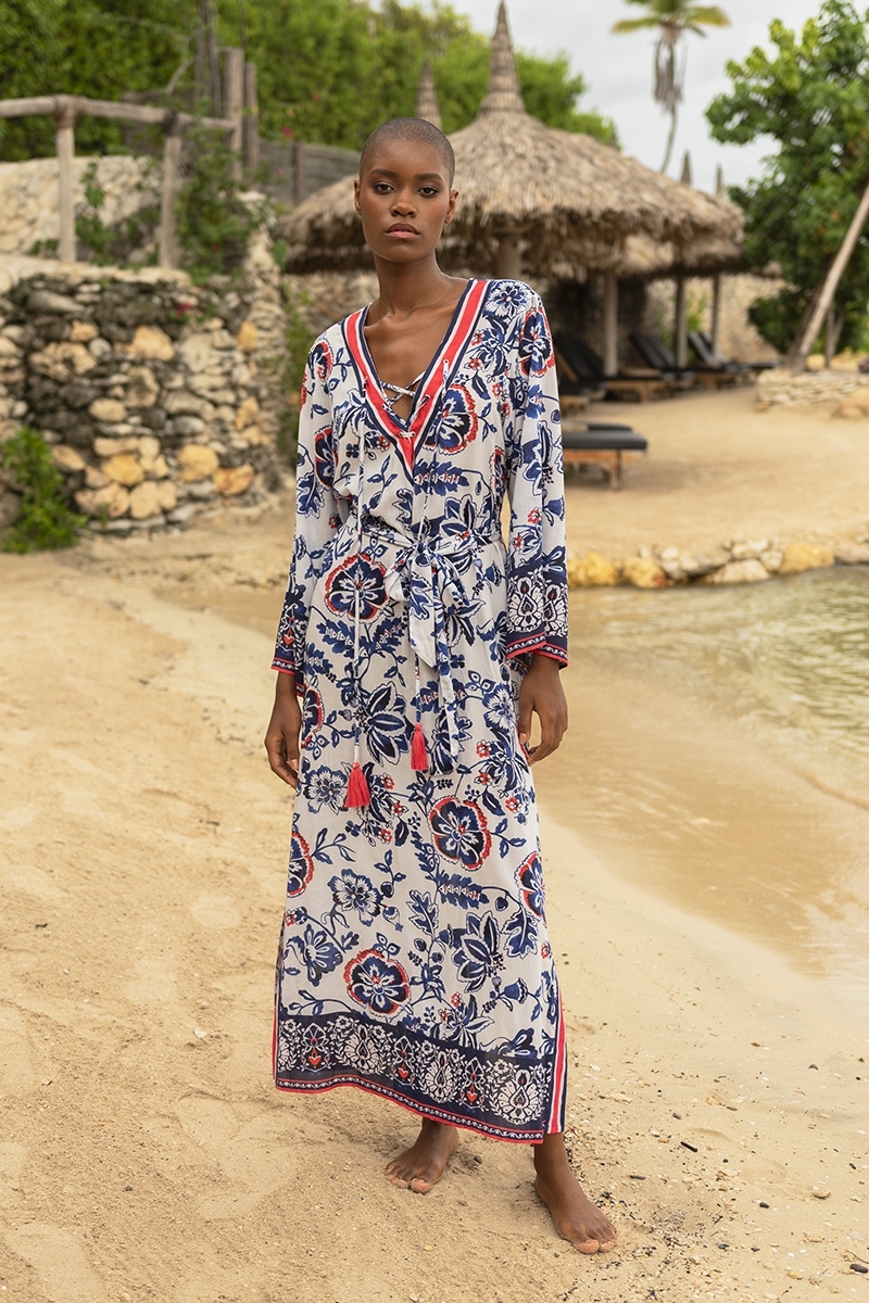 Vestido longo Viviana - branco - motivos florais em vermelho e azul - cinto combinando - Miss June Paris - 1