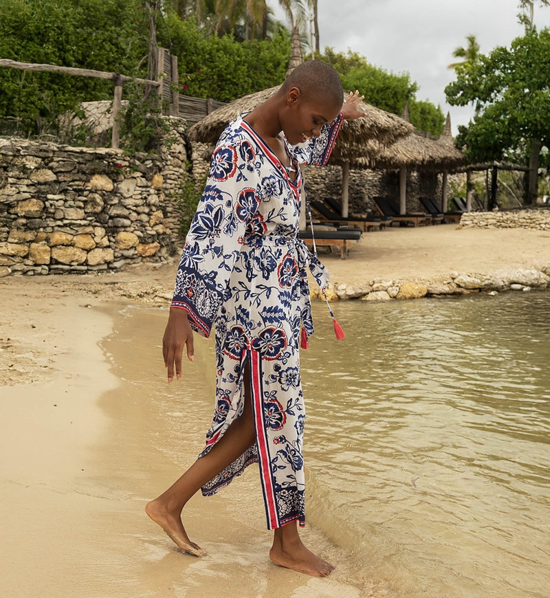 Viviana long dress - white - red and blue floral motifs - matching belt - Miss June Paris - 2