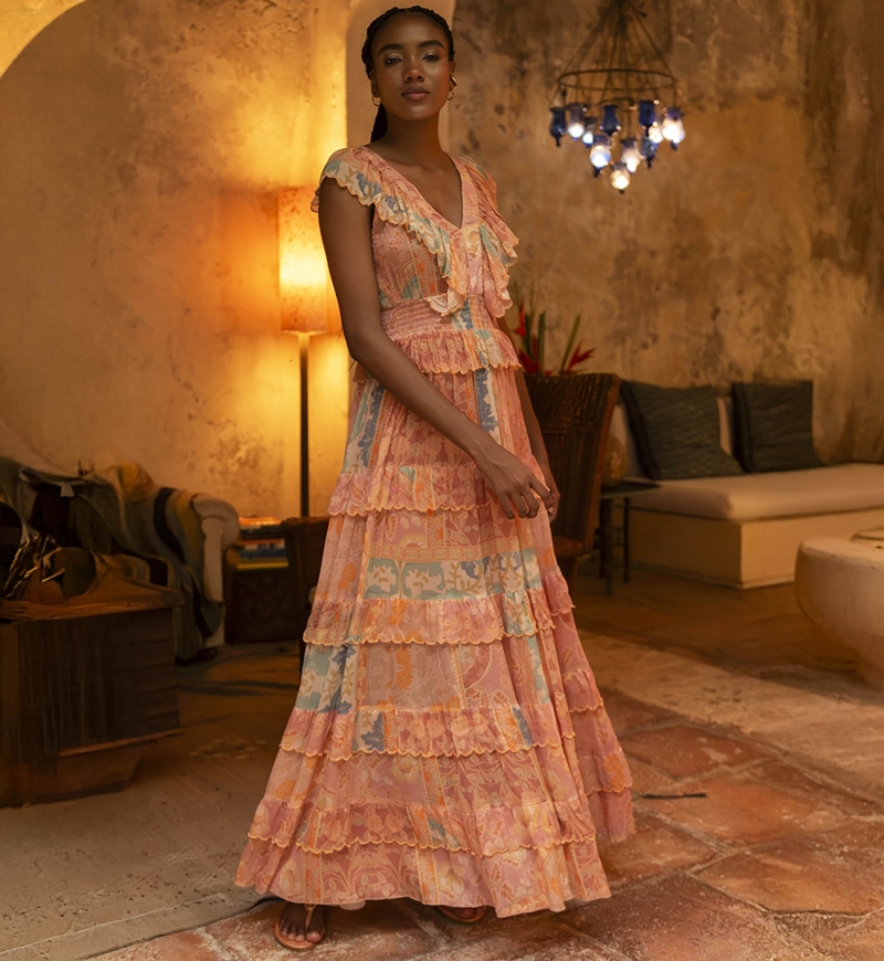 Vestido longo Estefania - vestido com babados - decote em V - pêssego - estampa floral - Miss June Paris - 4