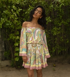 Gina short dress - pastel prints - embroidery adorned with shiny mirrors - Miss June Paris - 1