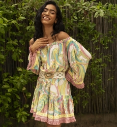 Vestido curto Gina - estampas em tons pastéis - bordado adornado com espelhos brilhantes - Miss June Paris - 2