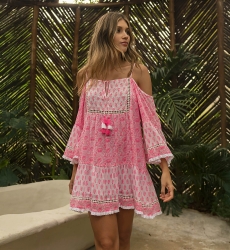 Vestido corto Celya - blanco / rosa neón - hombros descubiertos - tirantes elegantes - Miss June Paris - 1