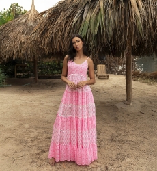 Dayana long dress - floral and adjustable - white / neon pink - Miss June Paris - 1