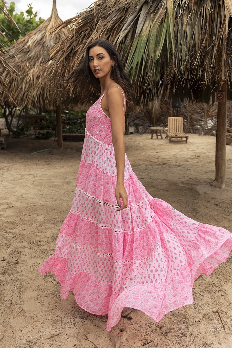 Vestido longo Dayana - floral e ajustável - branco / rosa neon - Miss June Paris - 2
