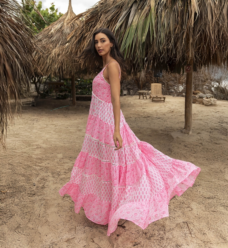 Vestido longo Dayana - floral e ajustável - branco / rosa neon - Miss June Paris - 2