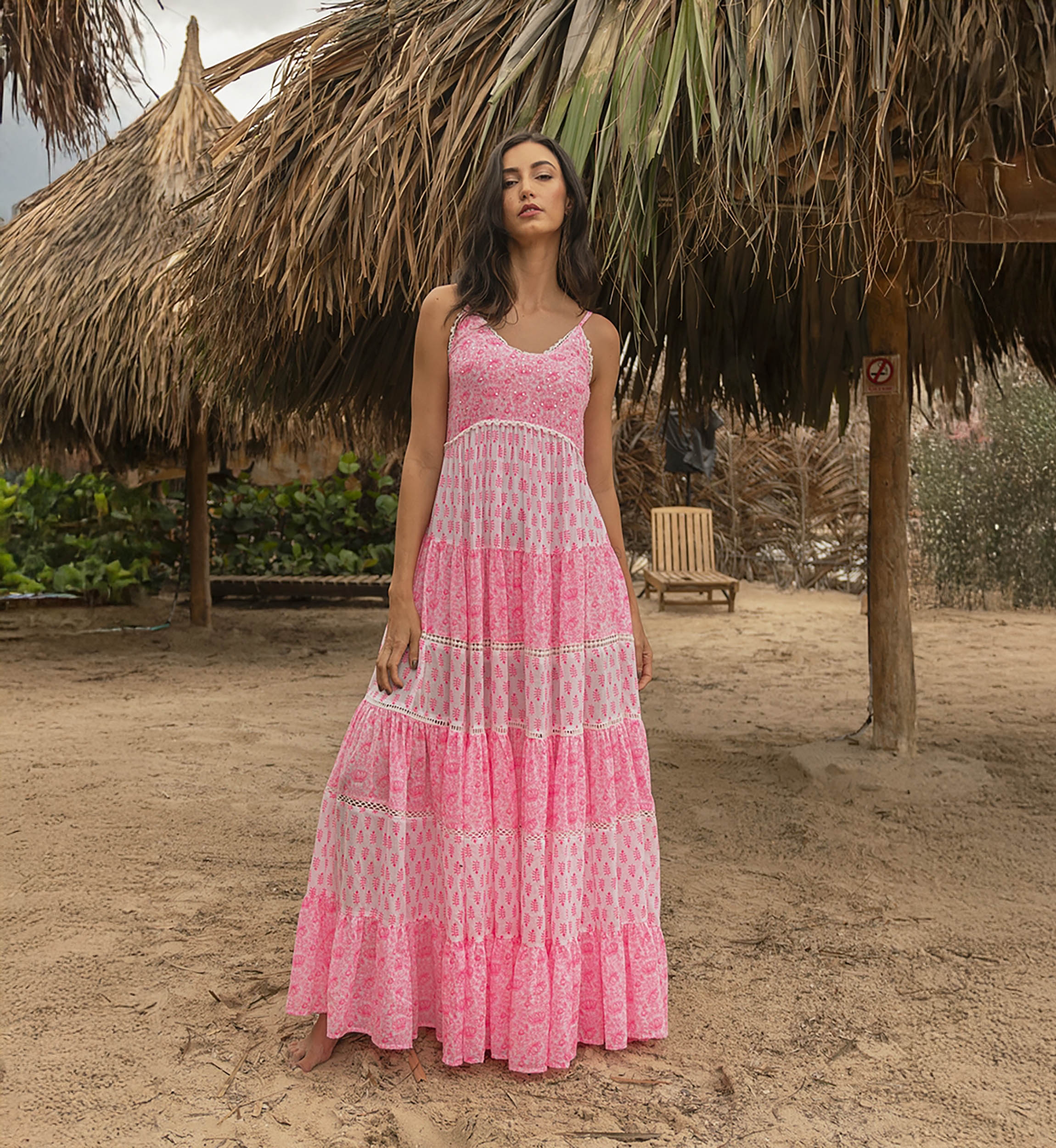 Dayana long dress - floral and adjustable - white / neon pink - Miss June Paris - 3