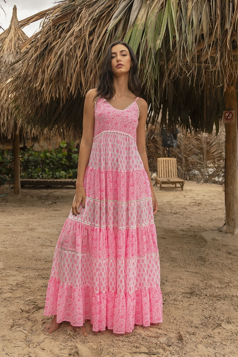 Vestido longo Dayana - floral e ajustável - branco / rosa neon - Miss June Paris - 3