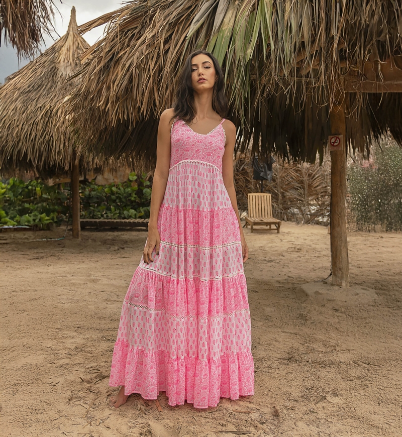 Vestido largo Dayana - floral y ajustable - blanco / rosa neón - Miss June Paris - 3