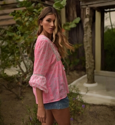 Sieralia blouse - neon pink - adorned with sequins and lace - sequined bib - long sleeves - Miss June Paris - 3