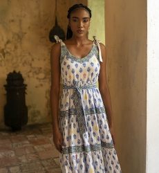 Vestido longo Paulina - branco - estampas em azul, amarelo e rosa - alças ajustáveis - Miss June Paris - 3