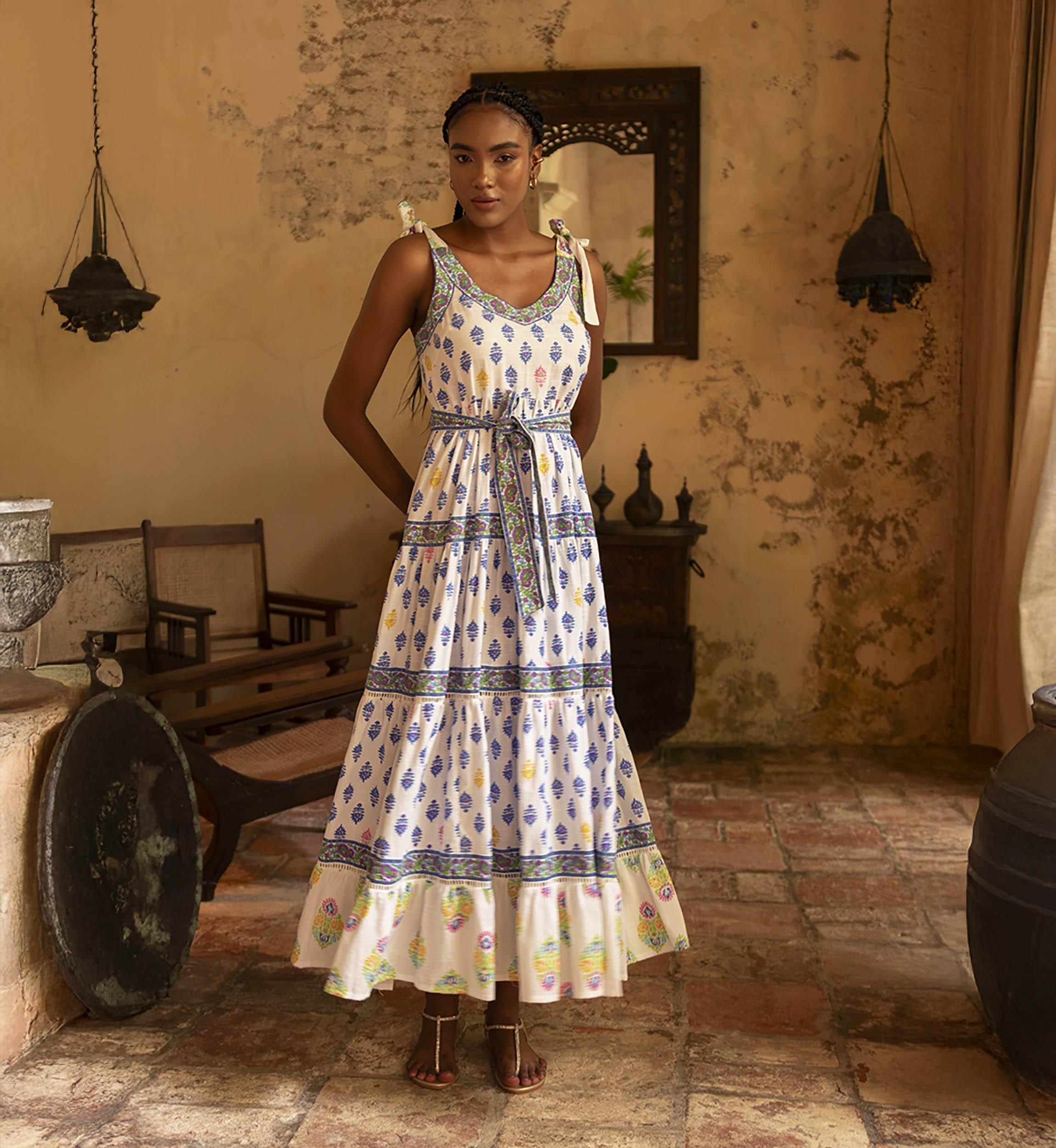 Paulina long dress - white - blue, yellow and pink prints - adjustable straps - Miss June Paris - 1
