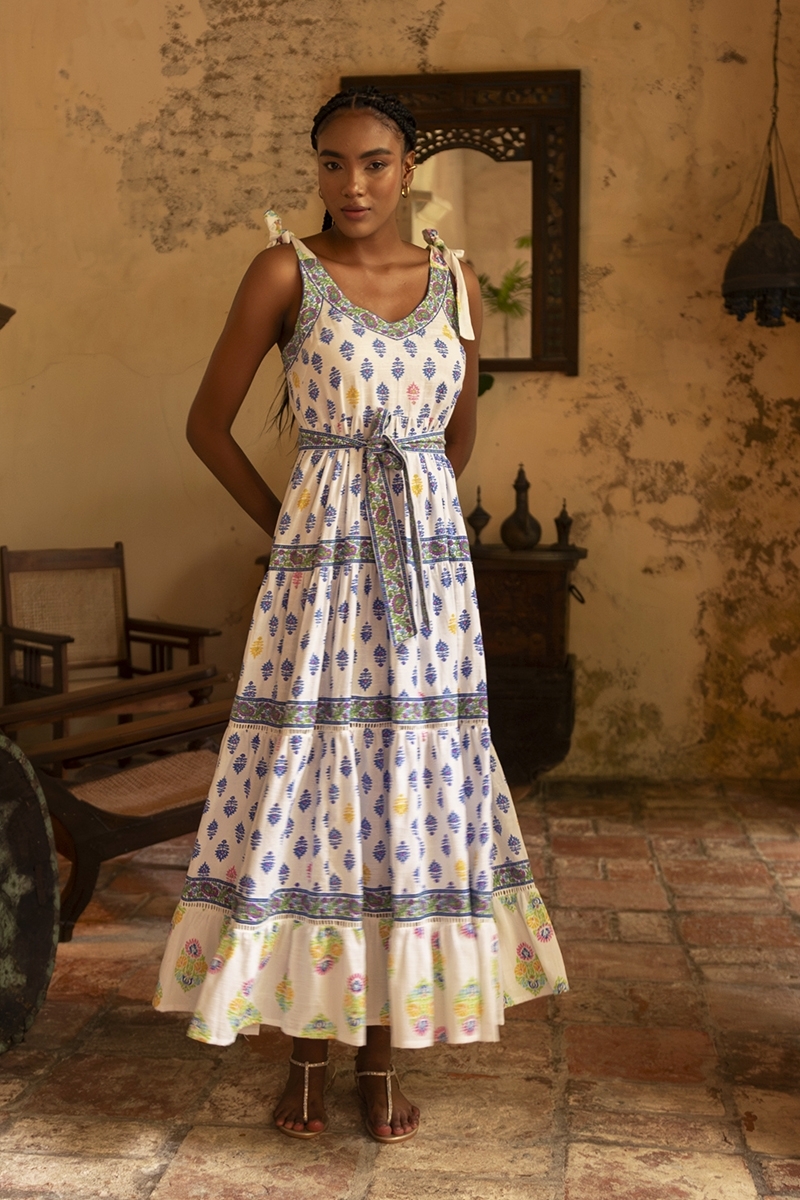 Vestido longo Paulina - branco - estampas em azul, amarelo e rosa - alças ajustáveis - Miss June Paris - 1