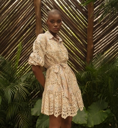 Teodora short dress - pink embroidery - floral print - 3/4 puff sleeves - matching belt - Miss June Paris - 2