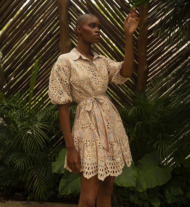 Teodora short dress - pink embroidery - floral print - 3/4 puff sleeves - matching belt - Miss June Paris - 1