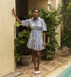 Violeta short dress - white - blue floral print - removable belt - Miss June Paris - 1