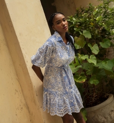 Violeta short dress - white - blue floral print - removable belt - Miss June Paris - 2