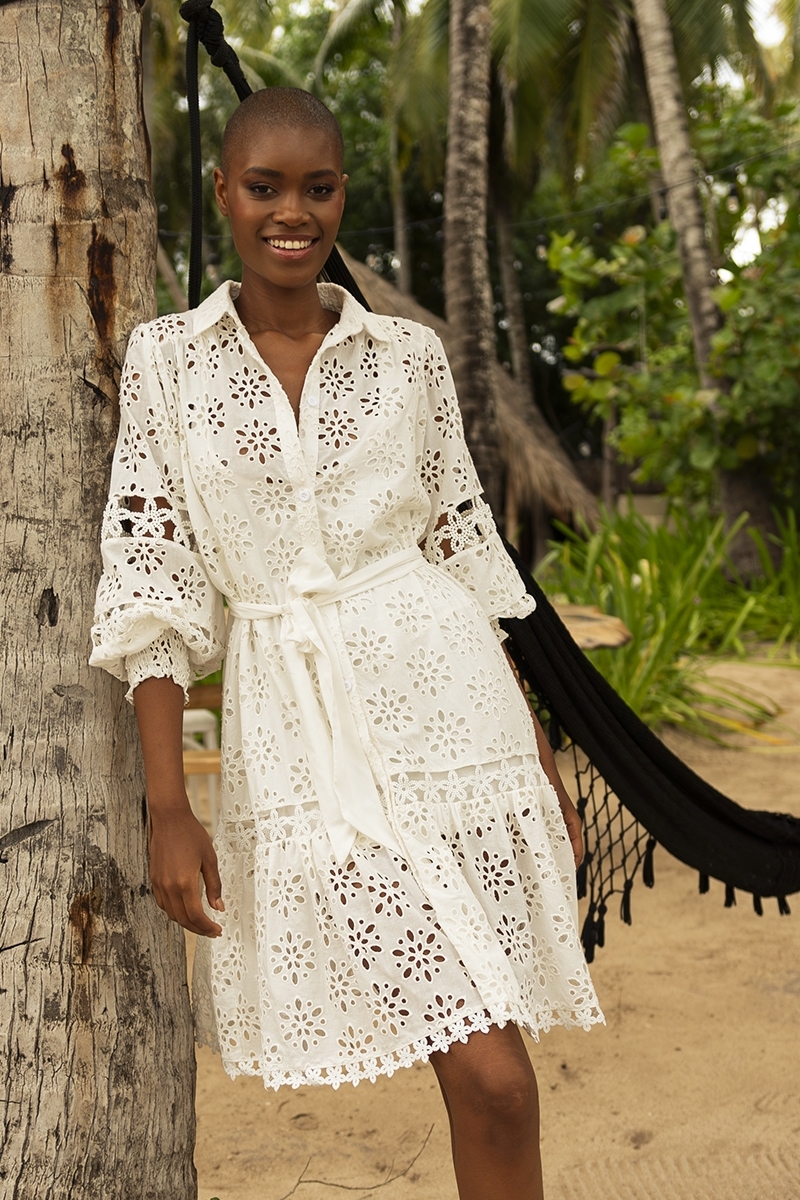 Oriana short dress - white - long sleeves - smocked cuffs - delicate embroidery - Miss June Paris - 3