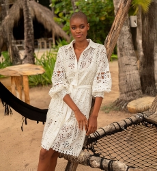 Oriana short dress - white - long sleeves - smocked cuffs - delicate embroidery - Miss June Paris - 1
