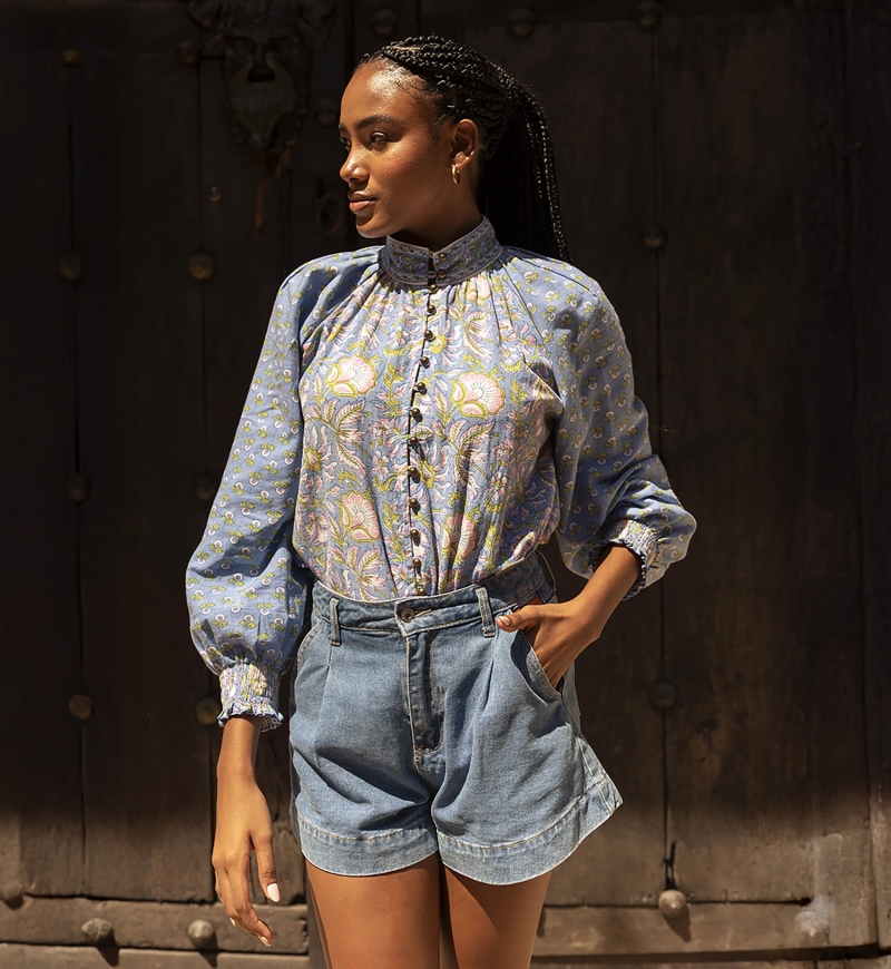 Raquel blouse - high collar - floral design - two bewitching colors - blue and pink - long sleeves - Miss June Paris - 10