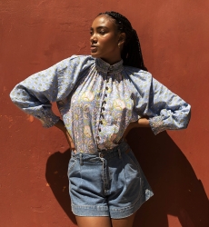 Raquel blouse - high collar - floral design - two bewitching colors - blue and pink - long sleeves - Miss June Paris - 9