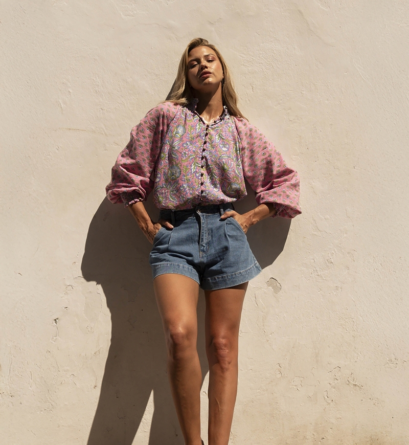 Raquel blouse - high collar - floral design - two bewitching colors - blue and pink - long sleeves - Miss June Paris - 3