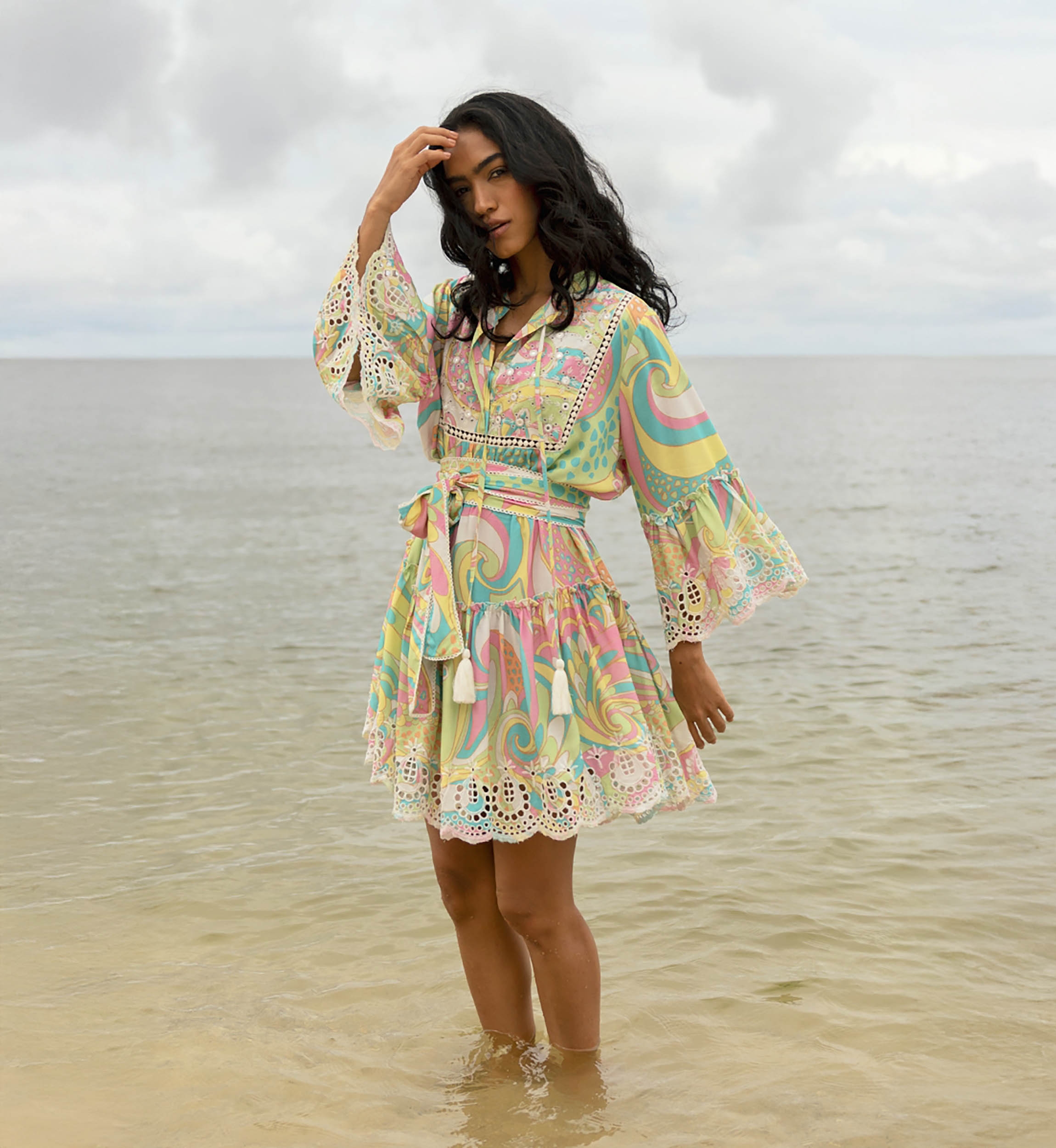 Querida short dress - pastel colors - casual style - delicately embroidered and adorned with small mirrors - Miss June Paris - 1