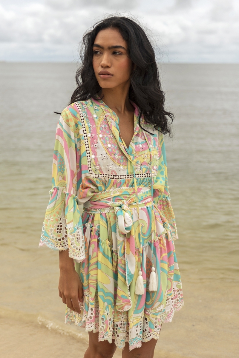 Querida short dress - pastel colors - casual style - delicately embroidered and adorned with small mirrors - Miss June Paris - 3