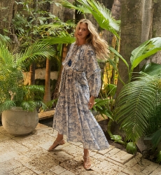 Vestido longo Francesca - azul - padronagem savana - silhueta elegante - mangas longas - Miss June Paris - 1