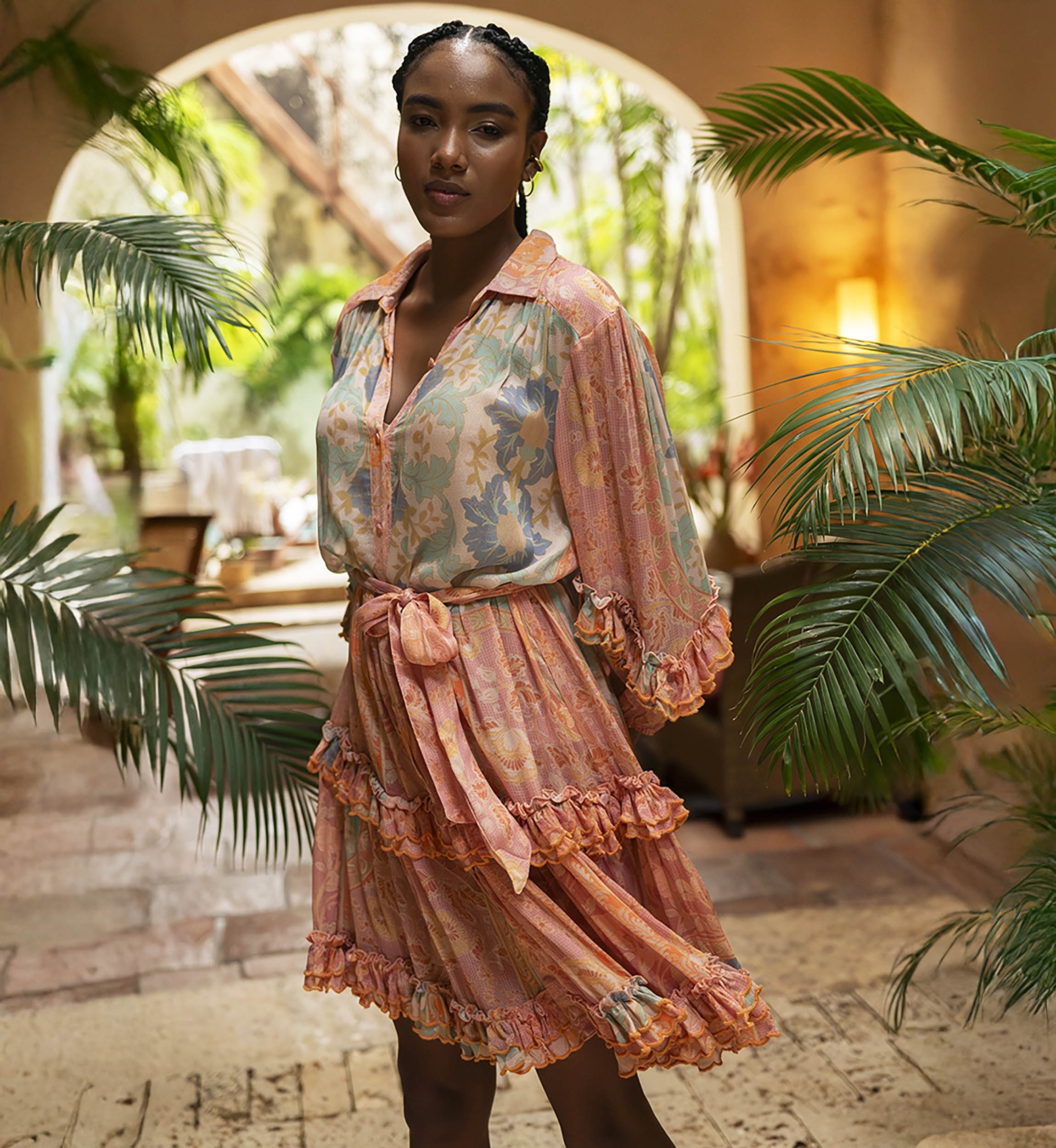 Isalia short dress - peach color - delicate look - delicate ruffles - long sleeves - Miss June Paris - 3